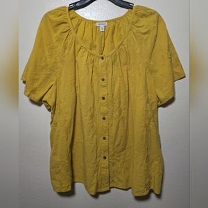 Westport mustard yellow embroidered scoopneck top.